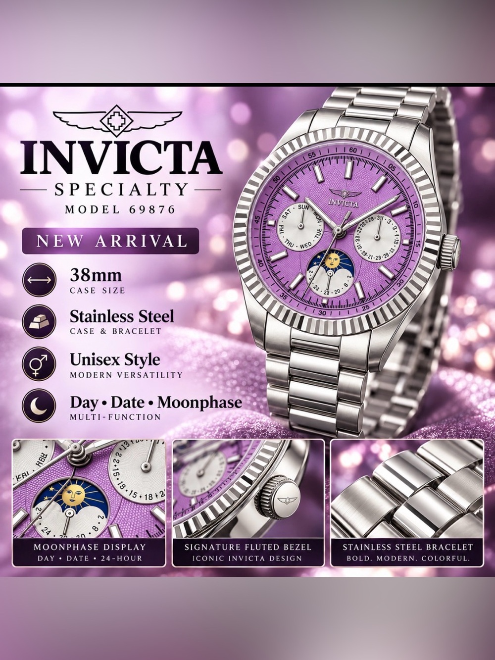 Invicta Stainless Steel Watch with Purple Dial and Moonphase